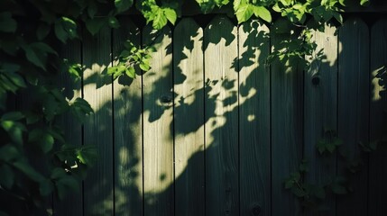 Weathered wooden fence with shadowy leaf patterns