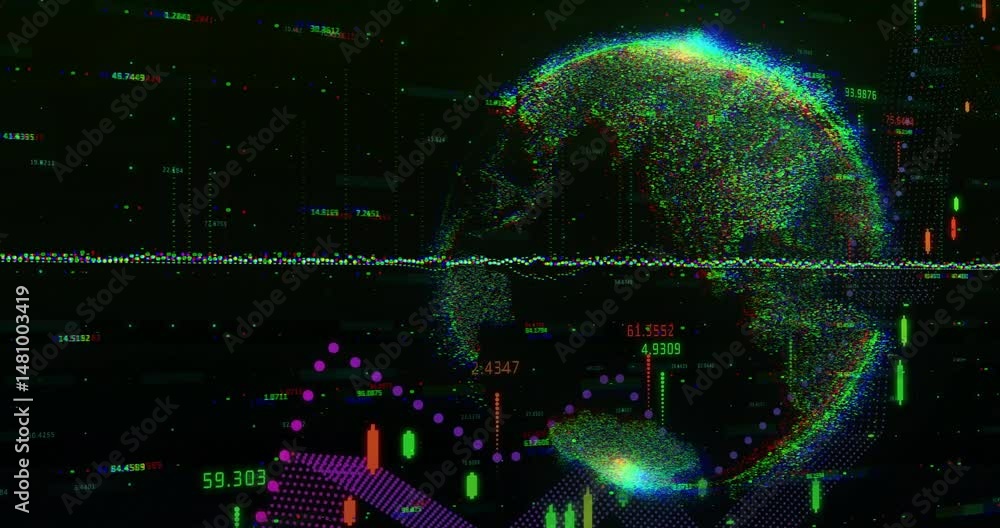 Poster pixelated globe being visualized in dark field, showing floating numeric labels and glitch bars
