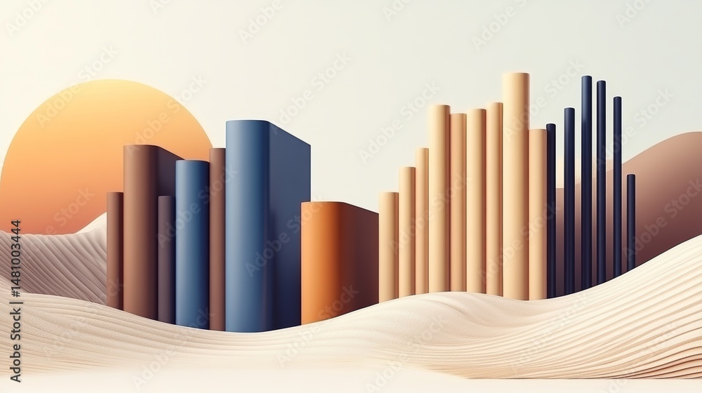 Poster stylized books are suggested by abstract stacked rectangles that display colorful gradients on a tex