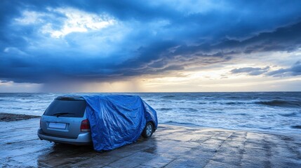 Covered car by the ocean under dramatic sky