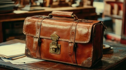 Vintage brown leather briefcase on wooden table
