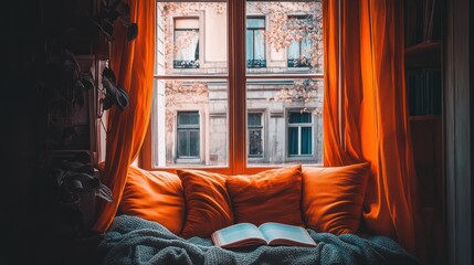Cozy window seat with open book and warm sunlight