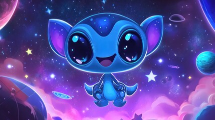 Cheerful alien in vibrant cosmic space cartoon illustration