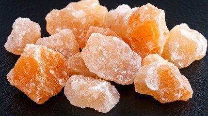 Rough orange and white rock salt crystals close up