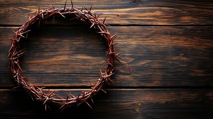 Centrally placed on a rustic wooden surface, a crown of thorns is softly illuminated by spotlighting, creating a solemn and historically significant display