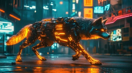 Robotic wolf in futuristic city at night glowing cyberpunk animal