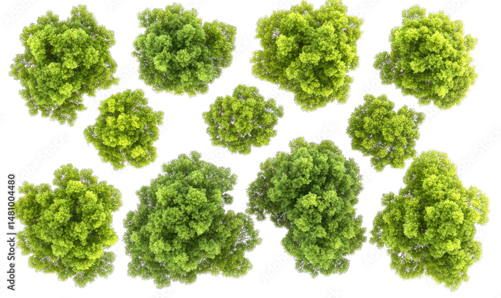 Poster aerial view of a collection of lush green trees isolated on a transparent background