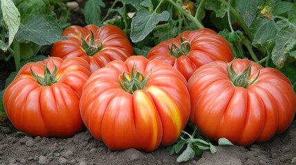 Large ripe red tomatoes growing in garden closeup view