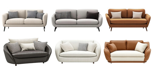 Fototapeta premium Set of different modern sofas in neutral colors. Each element is separately isolated
