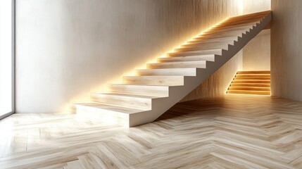 Fototapeta premium Modern light-filled wooden staircase in a minimalist interior