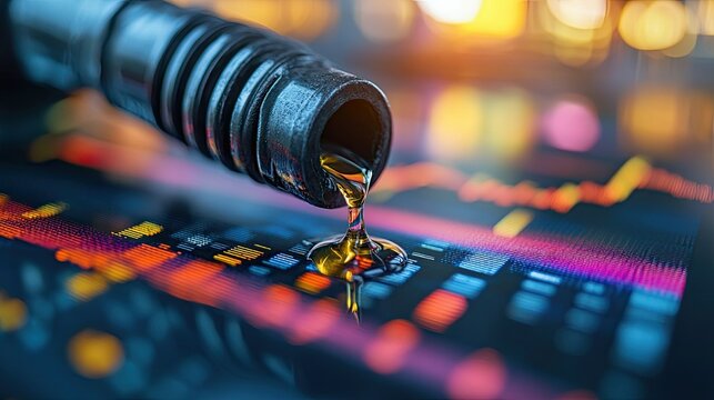 Oil pouring from a nozzle onto a surface with colorful digital chart reflections visible below it