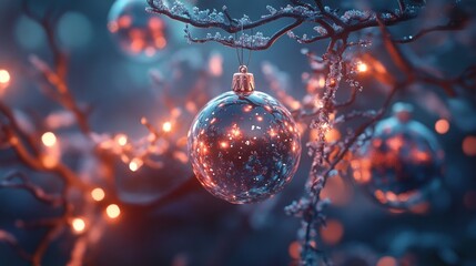 Glass ornament hanging on snowy branch with warm lights winter holiday decoration