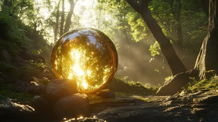 Golden sphere in sunlit forest magical nature scene