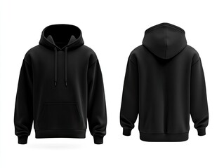 Black hoodie mockup, front and back views.  Detailed view of a plain black hoodie, featuring a drawstring hood, kangaroo pocket, and long sleeves.  Perfect for design presentations