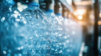Water bottle production line close up of filling process crystal clear bottles industrial setting
