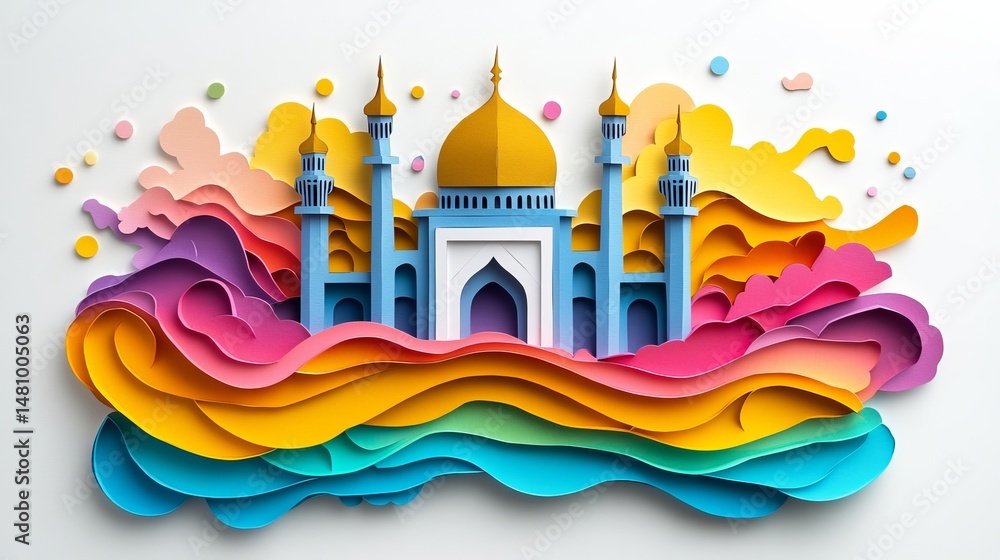 Poster mosque architecture, illustrated with domes and minarets, is displayed on a white background with th