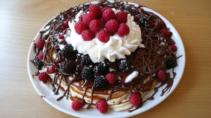 Delicious pancakes with berries and chocolate sauce