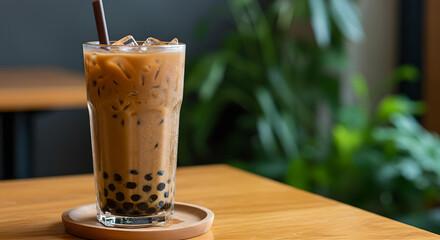 Glass of Iced Black Milk Tea with Tapioca Pearls	