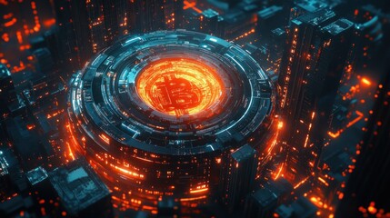 Futuristic cityscape with glowing bitcoin symbol digital currency technology abstract 3 d render