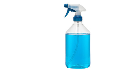 A clear spray bottle filled with blue cleaning solution, isolated on a white background, ideal for cleaning product visuals