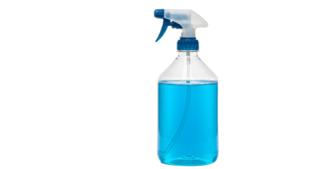 A clear spray bottle filled with blue cleaning solution, isolated on a white background, ideal for cleaning product visuals