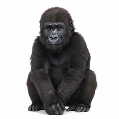 Fototapeta premium A young gorilla sitting with its arms resting on its knees, expressive eyes, thick dark fur, relaxed and thoughtful expression, white background