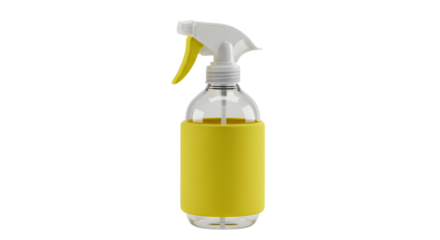 A clear plastic spray bottle with a yellow handle, set against a white background, ideal for cleaning or gardening use