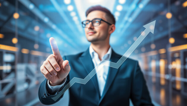 Businessman with glasses touching a projected ascending arrow graph. Concept of growth, success, innovation and financial technology