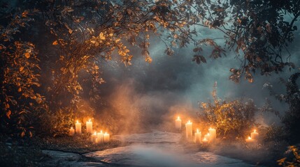 Mystical forest path with glowing candles at twilight