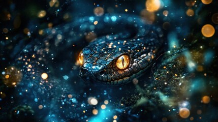 Mystical snake closeup of reptilian head with glowing eyes and bokeh lights