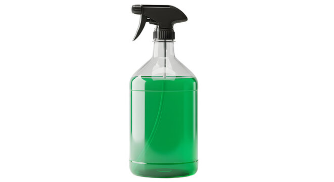 A clear spray bottle filled with vibrant green liquid, positioned on a white background, ideal for cleaning product promotions
