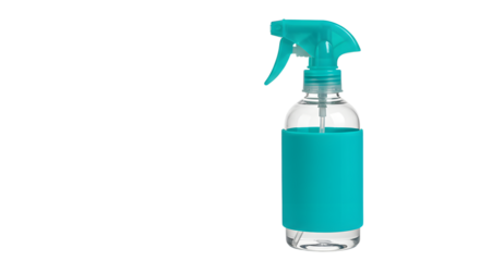 A clear spray bottle with a turquoise trigger and label, set against a plain background, ideal for cleaning product displays