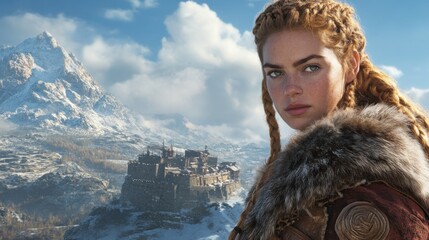 Young woman in fur trimmed clothing against snowy mountain and castle