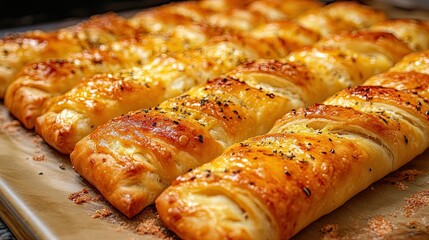 Close up of golden brown pastry rolls with black seeds on a baking sheet in a kitchen setting