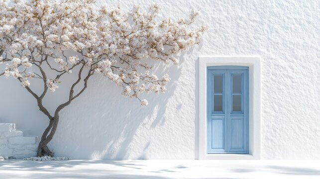 Whitewashed wall, flowering tree, blue door