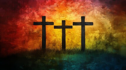 On a small hill, three dark crosses stand in stark contrast to a sky with a vividly colorful painted backdrop