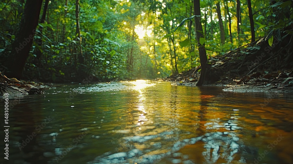 Poster sunlight streams through trees and reflects on the surface of a flowing river in a lush forest scene