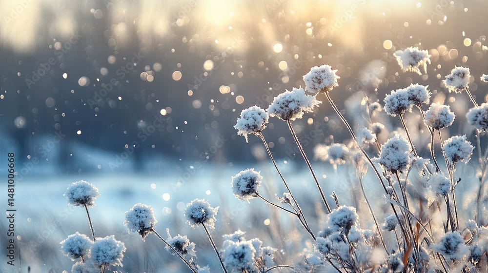 Aufkleber close up of frosted flowers in a winter scene with bokeh and soft light creating a serene atmosphere