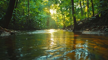 Obraz premium Sunlight streams through trees and reflects on the surface of a flowing river in a lush forest scene
