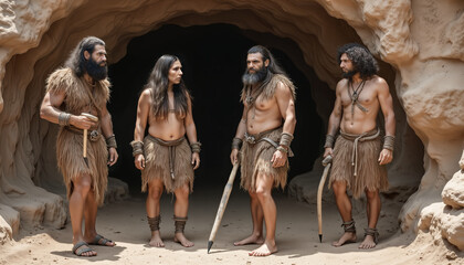 Group of prehistoric men and a woman dressed in skins, with spears and sticks, at the mouth of a cave. Ancestral life, survival