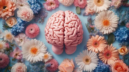 Pink Brain Model Surrounded by Pastel Flowers on Blue Background