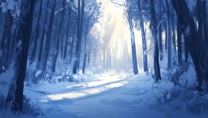 Winter forest path, sunlit