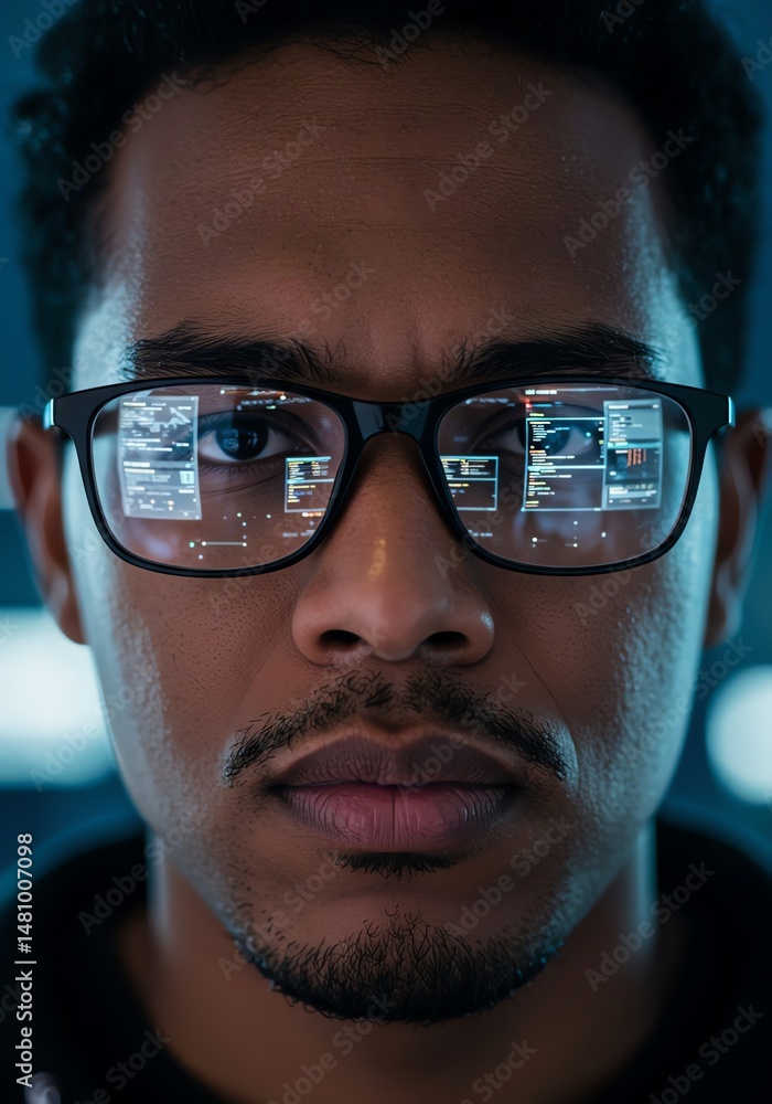 Poster man with glasses reflecting code close up