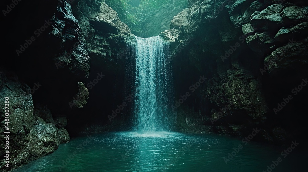 Poster a scenic view of a waterfall cascading into a pool surrounded by rocky cliffs and lush greenery