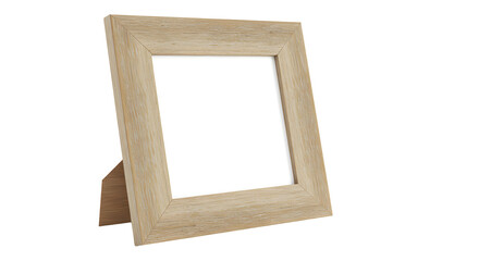 A simple wooden photo frame stands upright on a surface, ready for a picture, with a neutral background enhancing its elegance