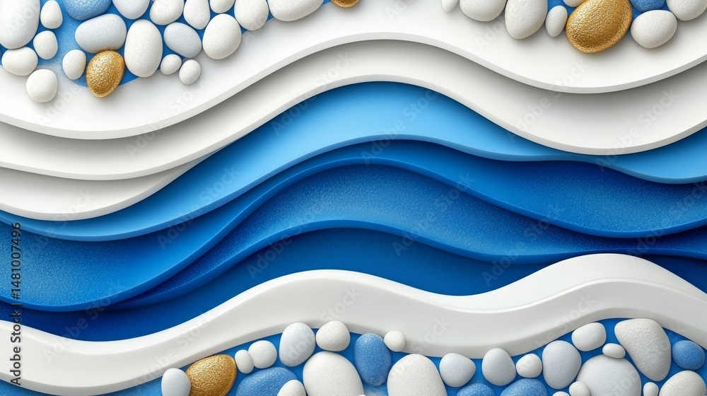 Poster flowing colorful layers and rounded stone shapes on a textured white background come together in the