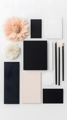 Elegant Black White Peach Stationery Mockup Flatlay