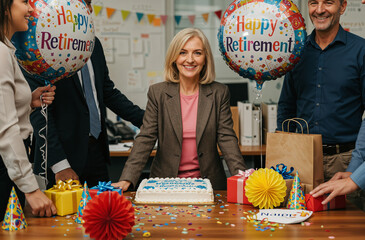 Mature woman being celebrated by colleagues for retirement. Cake, gifts and balloons 'Happy Retirement' in a cheerful office environment