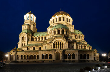 Evening view of the memorial church of St. Alexander Nevsky in the capital of Bulgaria, the city of...
