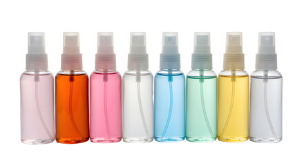 A vibrant array of eight spray bottles filled with various colored liquids, showcasing a clean and modern aesthetic